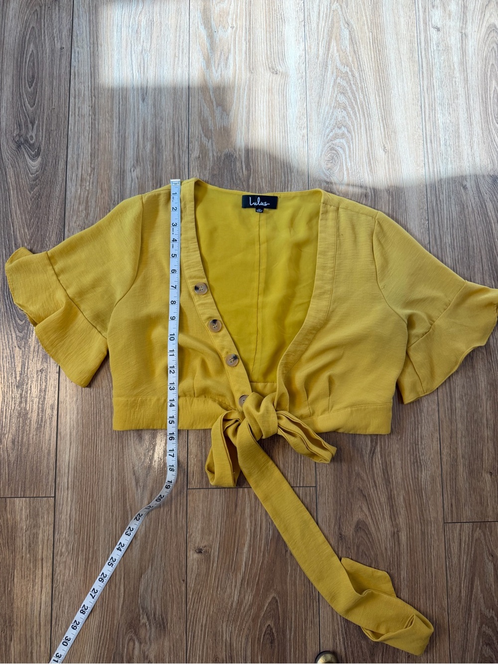 Lulu's Mustard Button-Front Tie Crop Top